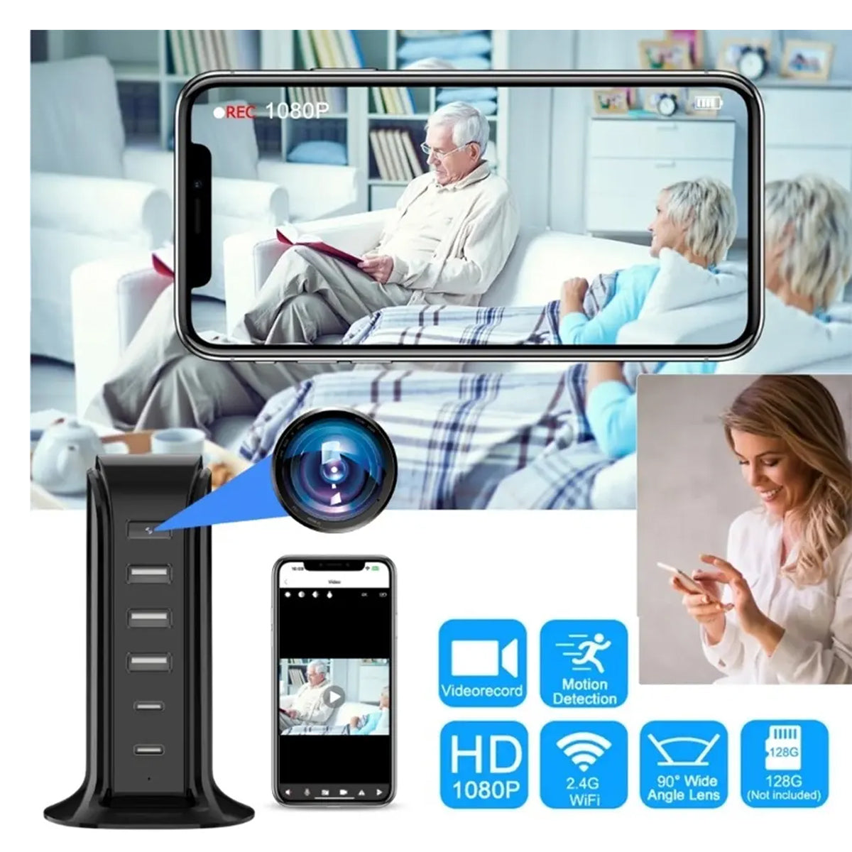 HD1080P Multi USB Charging Station WiFi Spy Camera - Hidden Nanny Cam