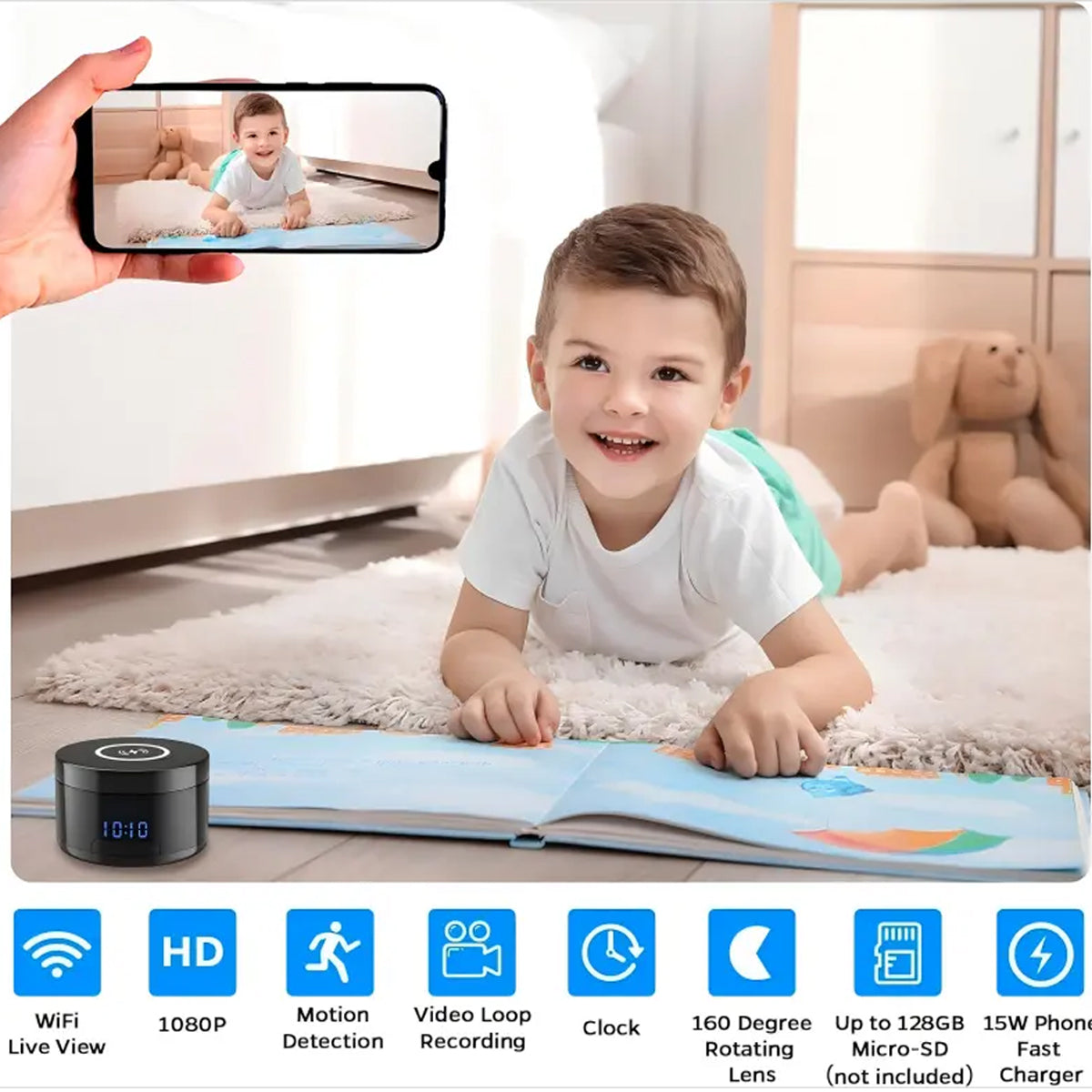 HD1080P Spy Camera WiFi Charger Clock WiFi with Rotating Lens & Digital Clock