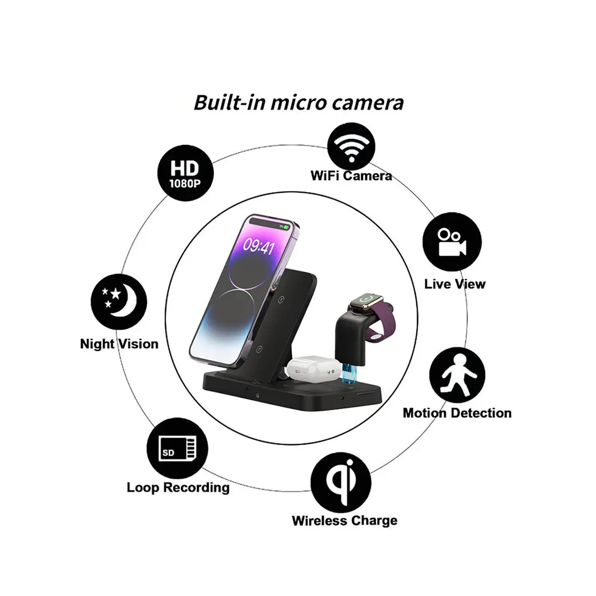 2K Spy Camera Multi-Wireless Phone Charger WiFi Hidden Camera with Night Vision