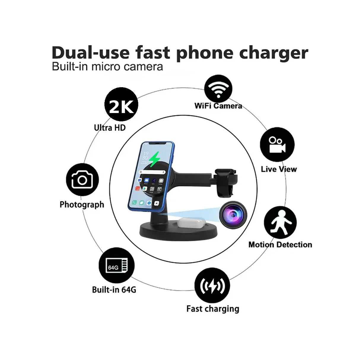 2K Spy Camera  Multi-Wireless Phone Charger WiFi Hidden Camera with Night Vision
