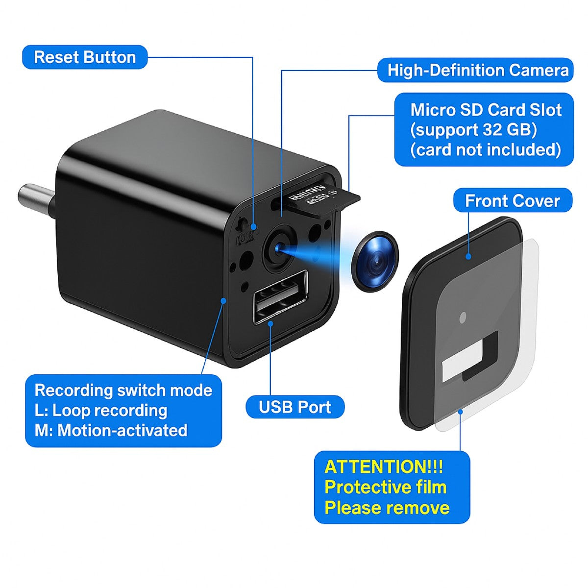 HD1080P USB Charger Hidden Spy Camera - Nanny Cam with Motion Detection