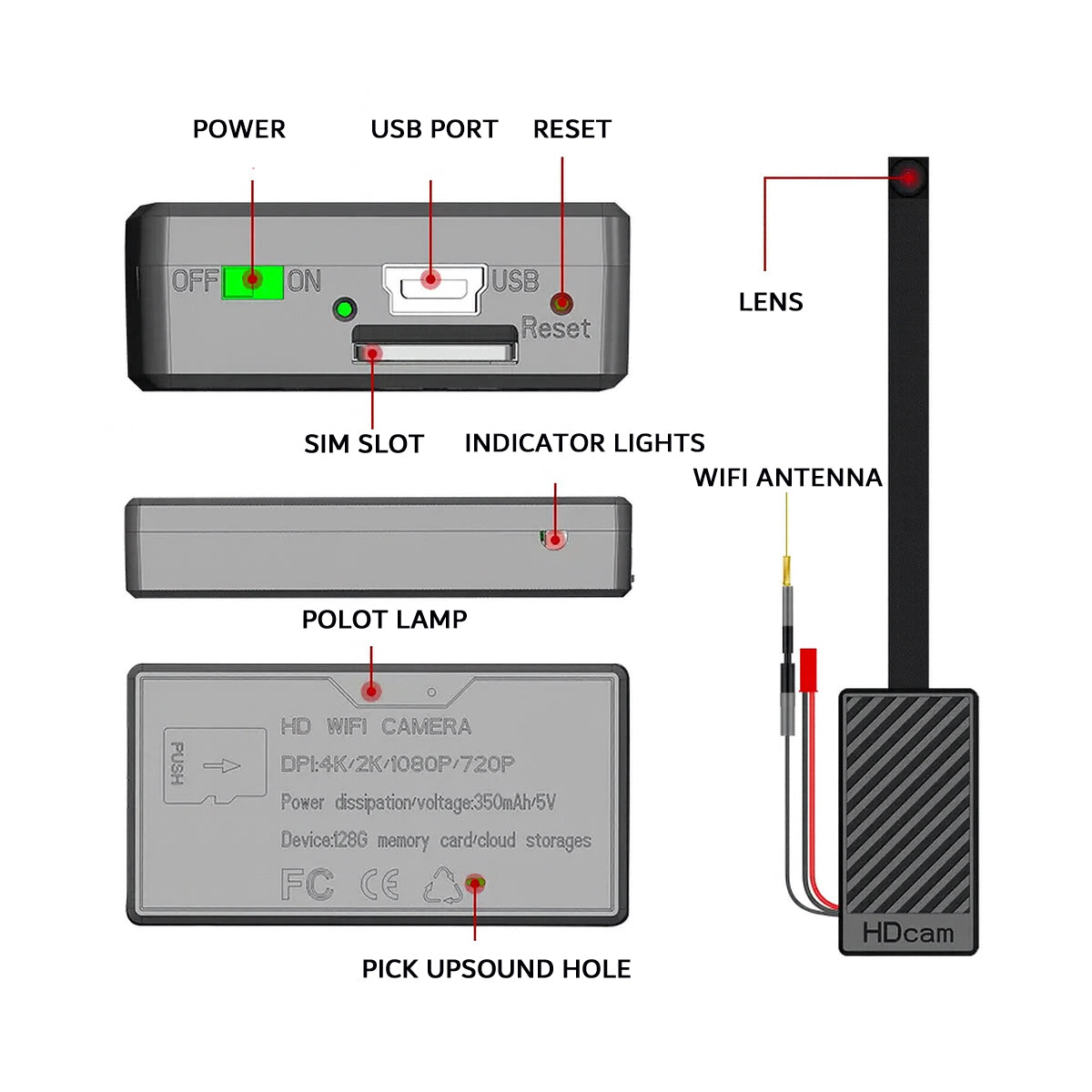 2K HD WiFi DIY Spy Camera Module with Motion Alerts Night Vision - 2000mAh