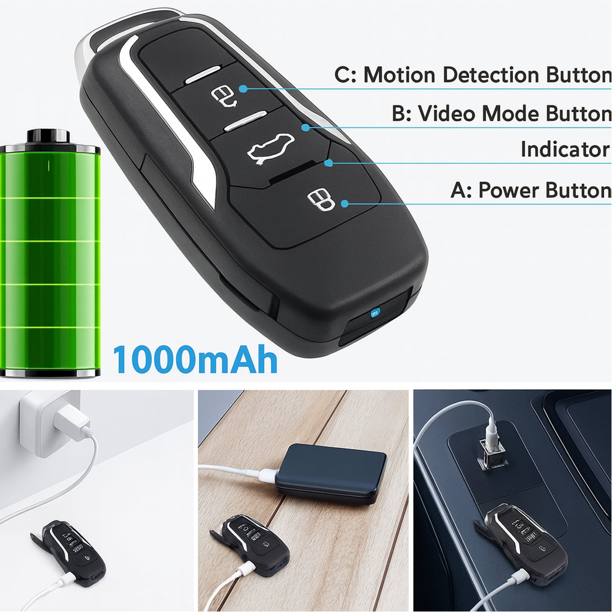 1080P Mini Car Key Hidden Camera - Keychain Spy DVR with Motion Detection
