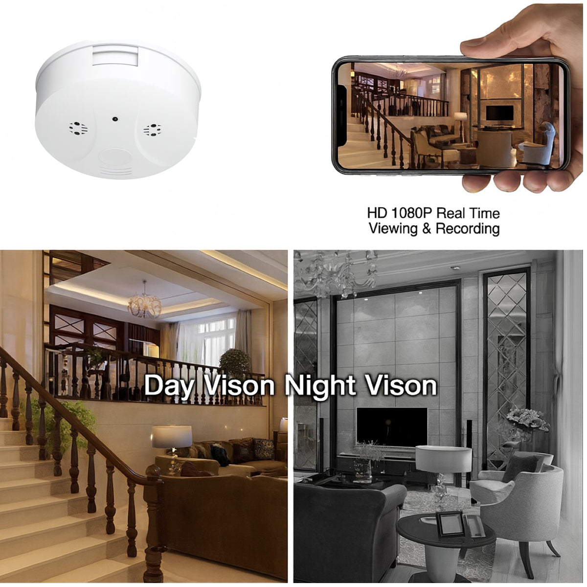 1080P WiFi Smoke Detector Hidden Spy Camera with Night Vision & Motion Alerts