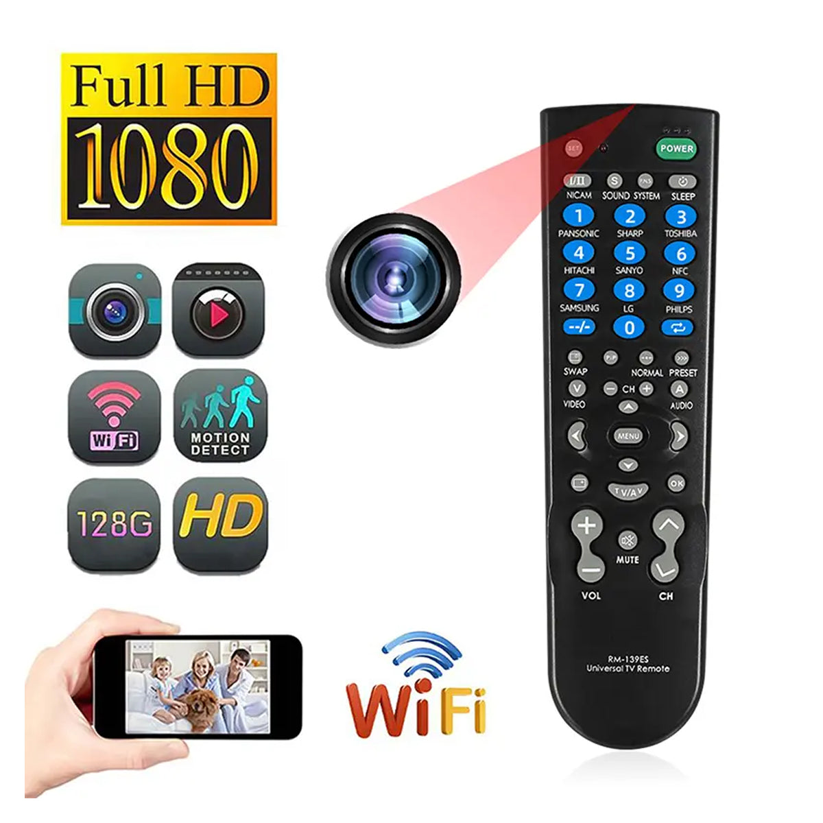 HD1080P WiFi TV Remote Hidden Camera with Night Vision & Motion Detection