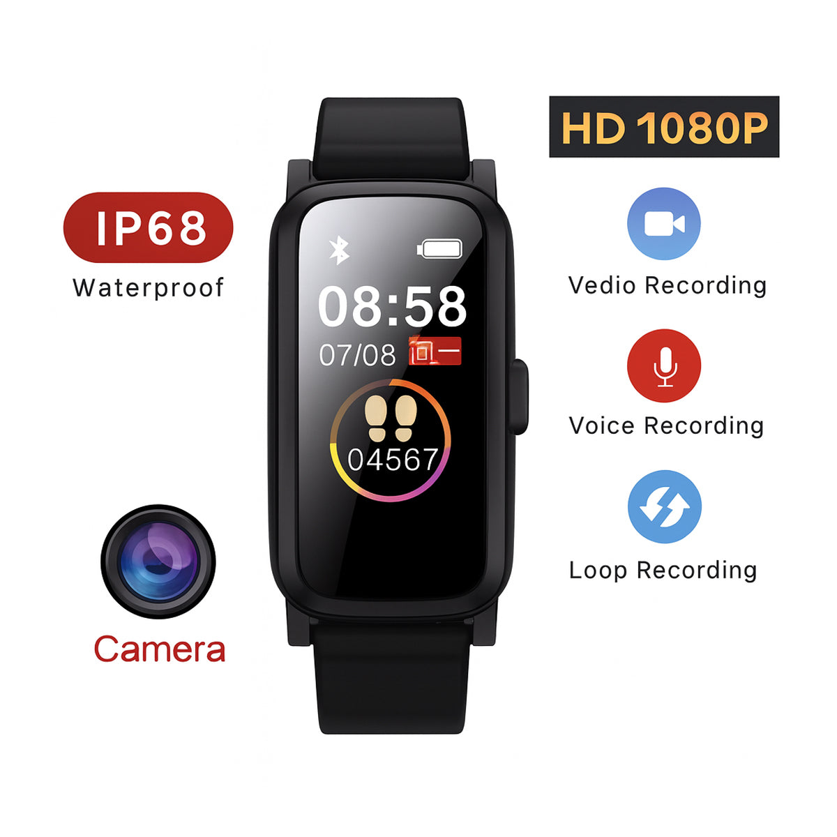 HD1080P IP68 Waterproof Smart Bracelet Spy Camera Built-in 32GB Memory
