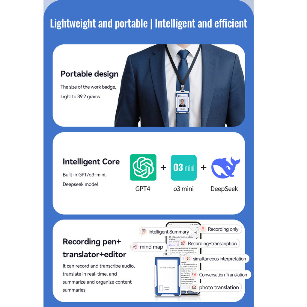 Work ID Badge Voice Recorder with App – Chest-Worn Smart Recording Badge